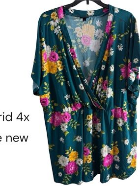 Teal Floral Wrap-Style Tunic with Pink & Yellow Blooms